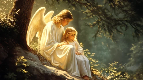 Forest guardian angel cradles a child in golden hush.