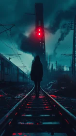 Silhouette stands on wet tracks under red railway signals