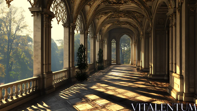 Golden sunrise floods an ornate palace arcade with quiet grace