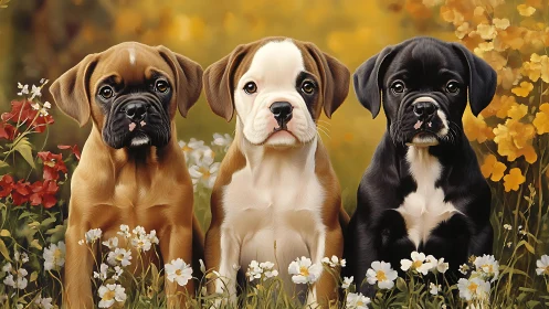 Triad of boxer puppies rendered in high-detail digital painting