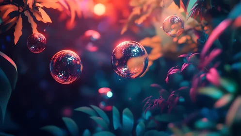 Luminous soap bubbles drift through neon-bathed tropical foliage