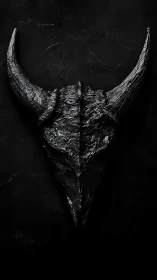 Dark horned skull sculpture rests against cracked black wall