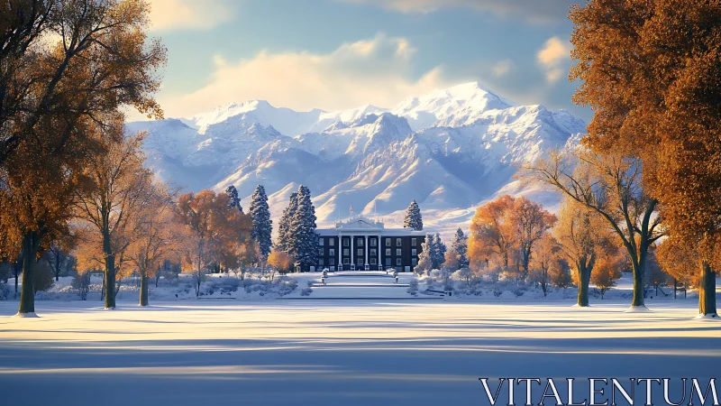 Snowy campus lawn frames distant neoclassical hall