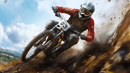 Dirt explodes as a downhill biker slices through the slope