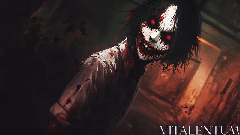 Bloodstained grinning specter advances through derelict corridor