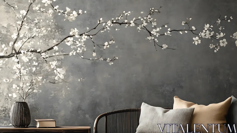 Cherry blossom wall art above sofa in muted gray room.