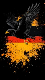 Soaring black eagle over splattered tricolor stormfield.