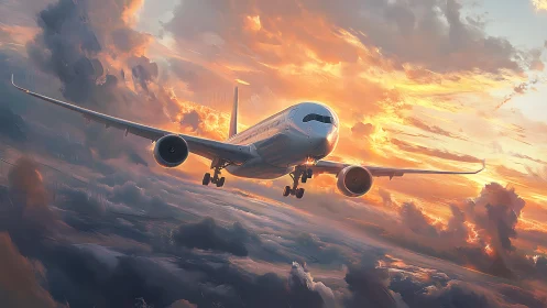 Commercial jet airliner above clouds at sunset sky.