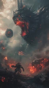 Lone warrior meets a colossal fire-forged dragon titan.