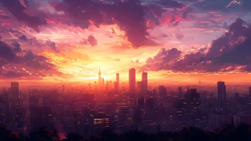 Skyline swallowed by a blazing neon sunset ocean of light.