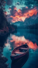 Wooden rowboat on still mountain lake under vivid clouds.