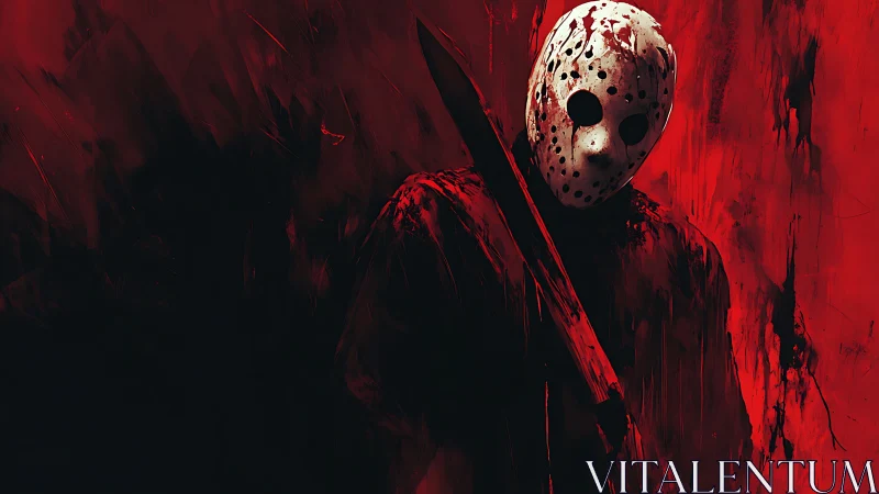 Masked figure with large blade stands in red abstract space