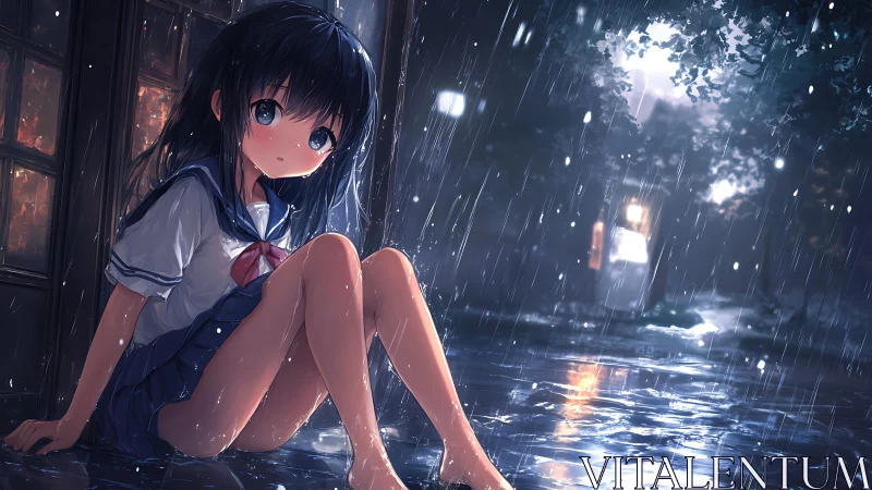 Schoolgirl sits alone in rainy street under night lights.