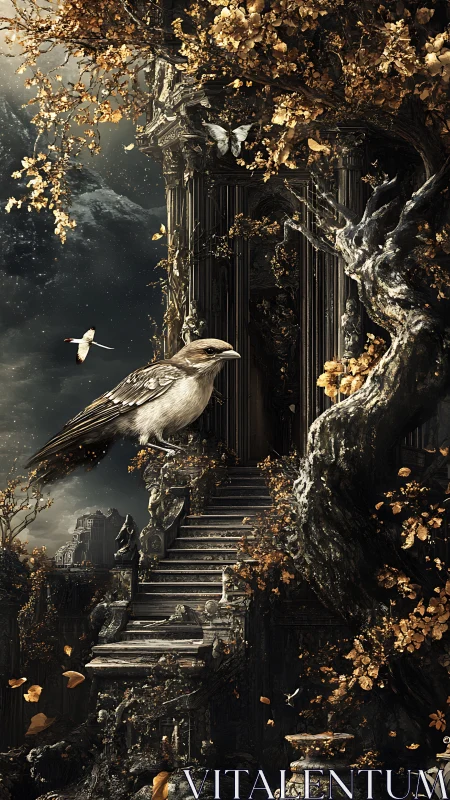 Bird before ornate ruined staircase in autumnal fantasy setting.