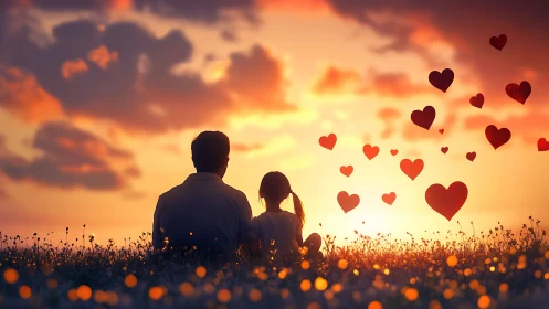 Silhouetted Family Embracing Beneath Hearts in Golden Sunset.