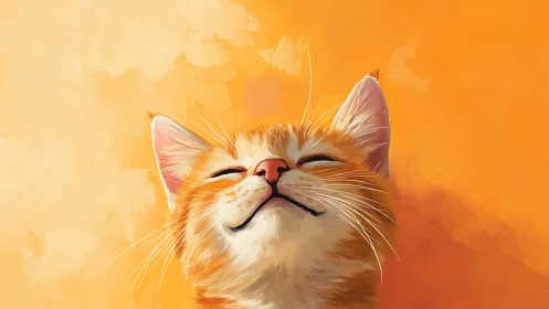 Orange and white feline illustration with eyes closed against gradient background