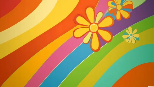 Retro pop art flowers on sweeping rainbow bands background.
