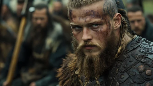 Fierce Viking warrior stares ahead before brutal battle