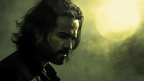 Brooding moonlit drifter in cinematic green misted night.