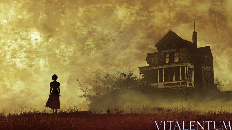 Silhouetted girl studies decaying house in foggy dusk field