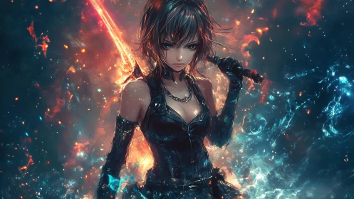 Female figure in black attire amid dual fire and water field.