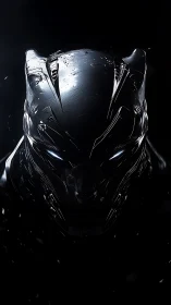 Specular black feline combat exosuit with luminous optics.