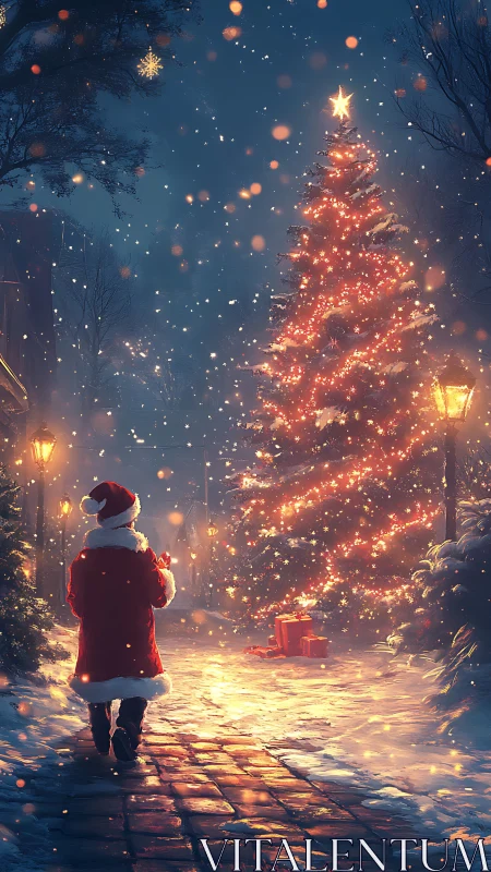 Snowy lane with glowing Christmas tree and lone Santa figure.