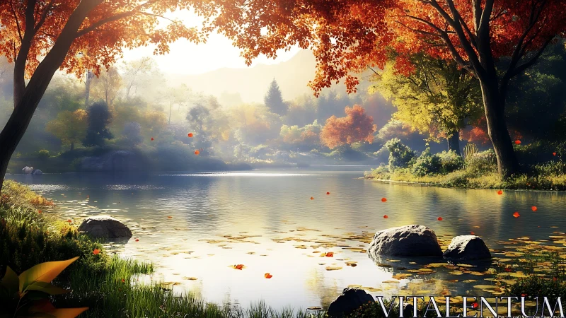 Digital painting of luminous autumn lake with layered foliage.