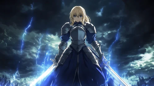 Armored anime knight wielding twin swords under storm sky.