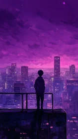 Quiet rooftop dreamer under a glowing violet city sky.