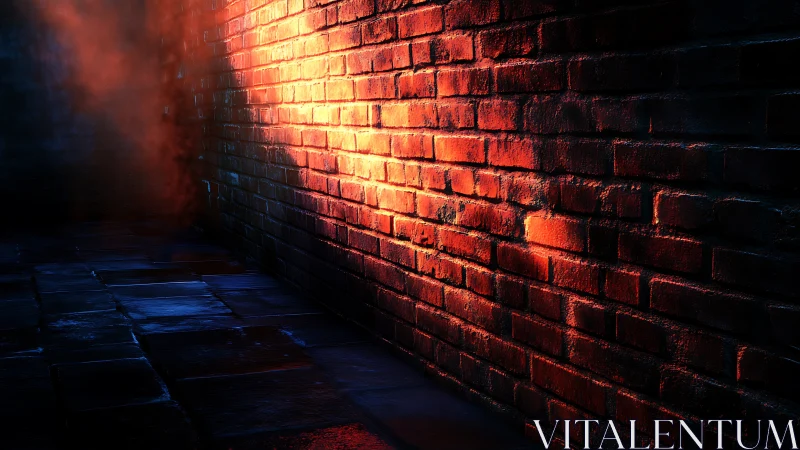 Brick wall in alleyway receives strong oblique light