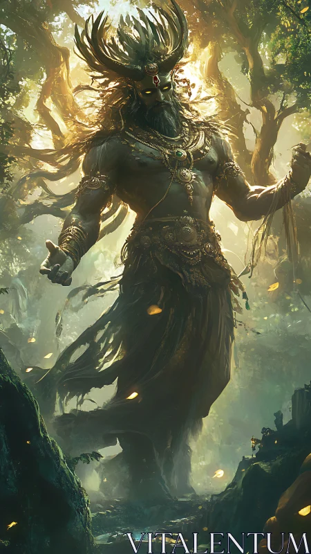 Forest deity towering over misty woodland sanctuary.