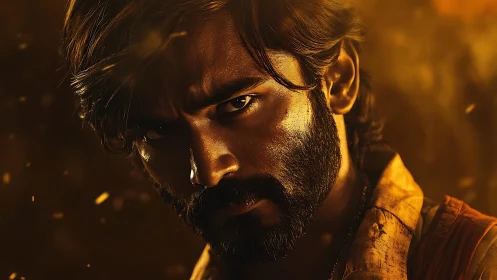 Intense bearded hero framed in glowing golden light.