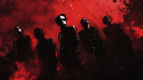 Silhouetted rock band in red noir splatter digital painting
