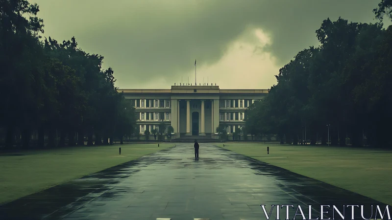 Solitary figure crosses rain-soaked axis before neoclassical hall