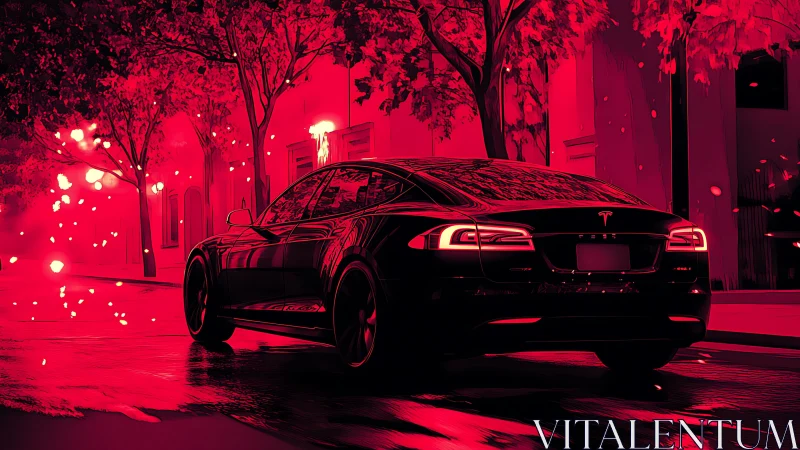 Electric sedan on city street under red stylized lighting.