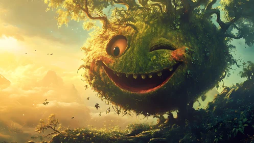 Grinning forest planet winks warmly over a golden dream valley