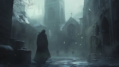 Hooded wanderer in foggy gothic alley with looming cathedral.