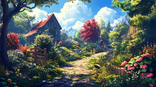 Country stone cottage on sunny flower lined garden path.