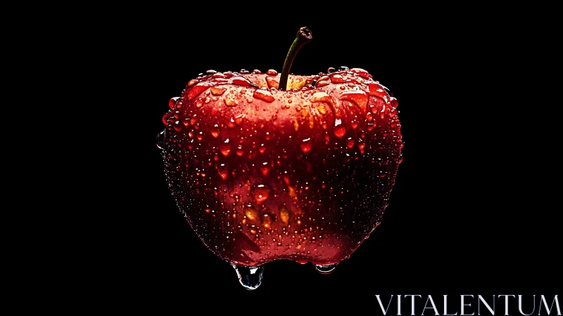 High-contrast macro of wet red apple on pure black ground.