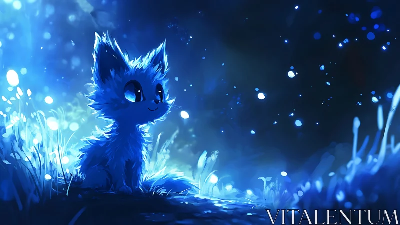 Blue glowing fox creature sits in luminous night meadow