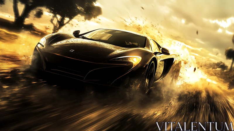 Black supercar racing through mud in golden sunset storm