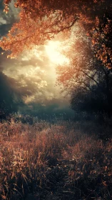 Sunlit Forest Pathway Through Autumn Warmth.