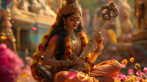 Seated veena player in ornate attire amid temple setting.