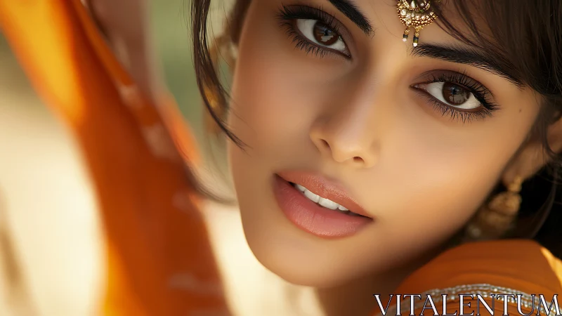 Close-up digital portrait of woman with orange fabric drape.