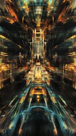 Radiant cyber corridor unfolds into a glowing digital gateway