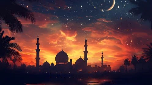 Twilight minarets whisper under ember skies and silver moon.