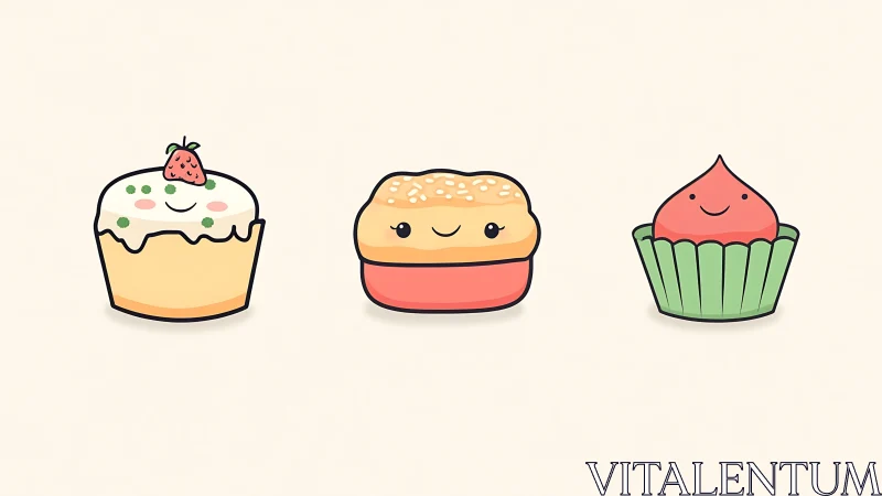 Three Anthropomorphic Baked Goods with Cheerful Expressions Arranged Horizontally