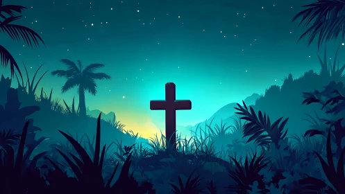 Silhouette cross rises over tropical jungle under starlight.