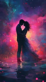 Two figures in silhouette embracing within explosive neon light